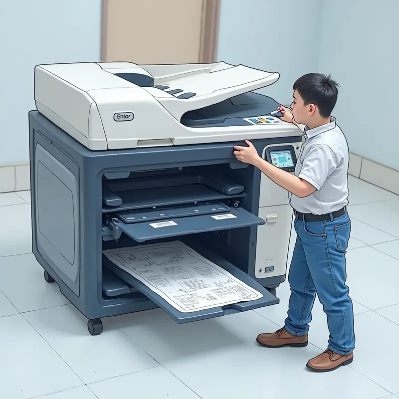 Kỹ thuật viên đang thay mực cho máy in phun tại văn phòng nhỏ.