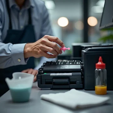 Kỹ thuật viên nạp mực vào cartridge máy in với các dụng cụ và vật tư xung quanh.