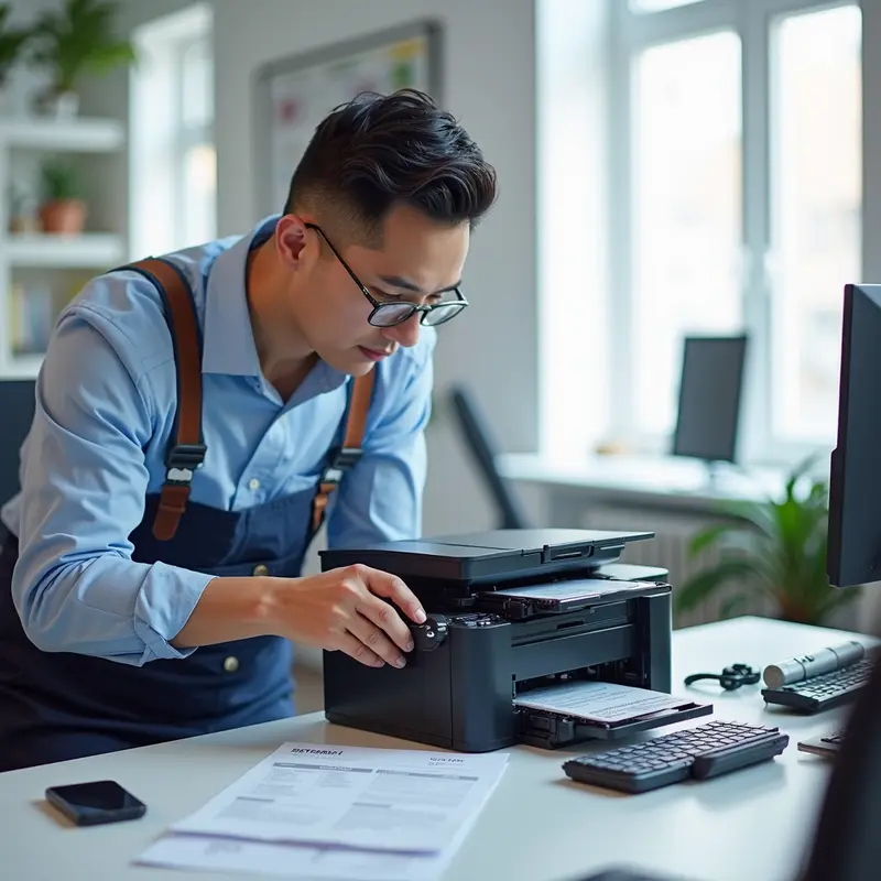 Nhân viên đang đổ mực máy in, tái chế hộp mực cũ.