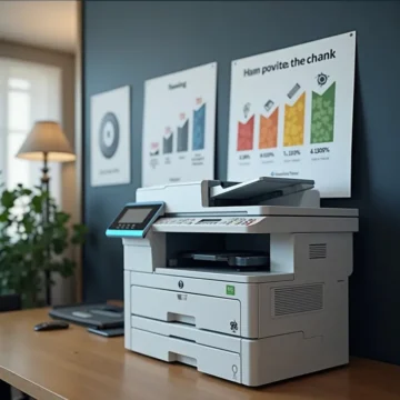 Hình ảnh một gia đình và chủ doanh nghiệp nhỏ bên máy in sau khi đổ mực, với hộp mực và dụng cụ ở gần.