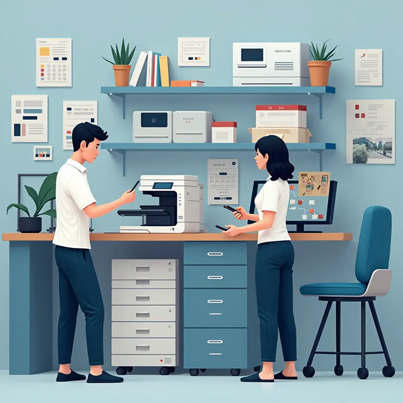 Bàn làm việc với máy in và dụng cụ đổ mực, thể hiện sự tỉ mỉ trong quy trình đổ mực.