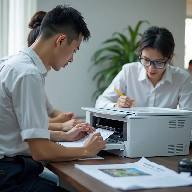 Kỹ thuật viên đang đổ mực vào máy in tại bàn làm việc gọn gàng.