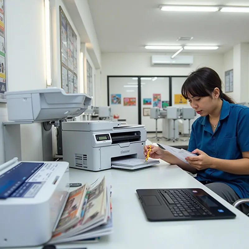 Kỹ thuật viên kiểm tra mực in để đảm bảo chất lượng bản in và hiệu suất máy.