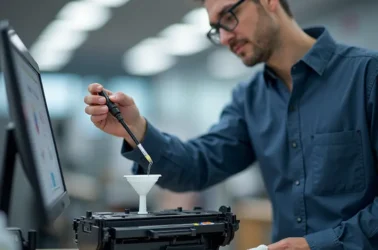 Kỹ thuật viên tái đổ mực vào hộp mực máy in laser, trên bàn có các dụng cụ và chai mực.