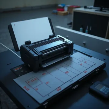 Kỹ thuật viên đang đổ mực vào hộp mực máy in laser, với các dụng cụ cần thiết xung quanh tại văn phòng.