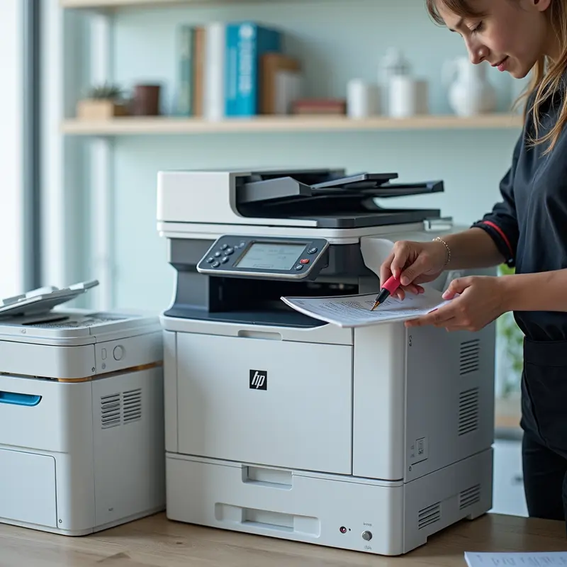 Chuyên gia kiểm tra chất lượng bản in trên máy in văn phòng hiện đại.