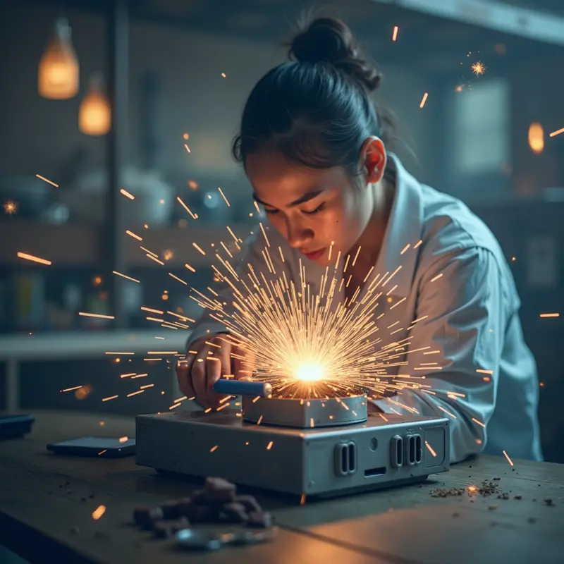 Kỹ thuật viên đổ mực vào hộp mực máy in laser tại nơi làm việc, có dụng cụ và vật phẩm rõ ràng trong cảnh.