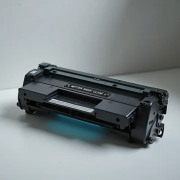 Kỹ thuật viên đổ toner vào hộp mực máy in laser tại văn phòng, với các dụng cụ như phễu và chai toner.