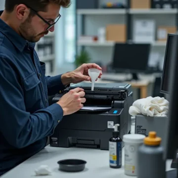Kỹ thuật viên bơm mực vào cartridge máy in laser trong văn phòng, cùng với dụng cụ và vật tư cần thiết.