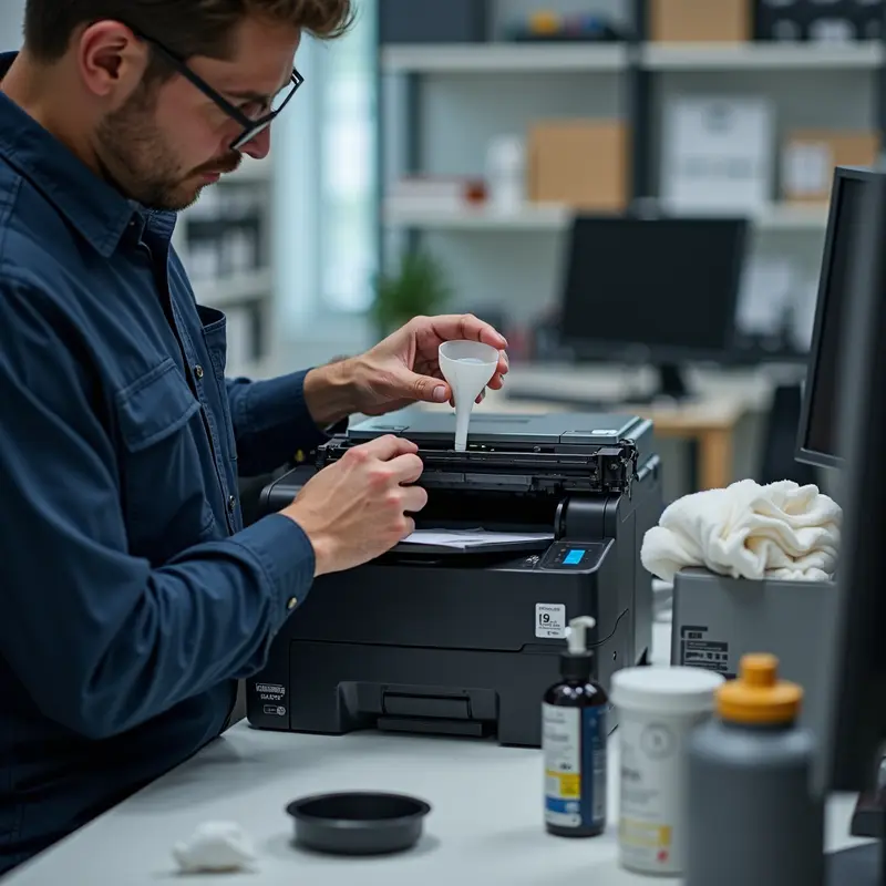 Kỹ thuật viên bơm mực vào cartridge máy in laser trong văn phòng, cùng với dụng cụ và vật tư cần thiết.