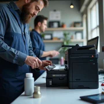 Kỹ thuật viên đổ mực hộp mực máy in laser với dụng cụ tại văn phòng.