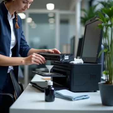 Kỹ thuật viên đang đổ mực vào cartridge máy in ở văn phòng, với các dụng cụ và vật dụng cần thiết có mặt.