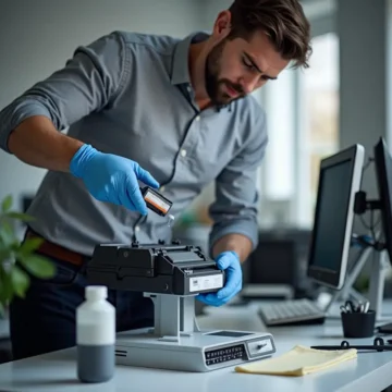 Kỹ thuật viên đổ mực vào hộp mực laser trong văn phòng với các dụng cụ và đồ dùng sạch sẽ.