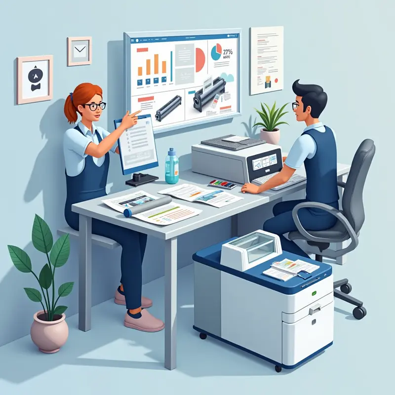 Kỹ thuật viên tư vấn khách hàng sử dụng dịch vụ đổ mực máy in tại văn phòng.
