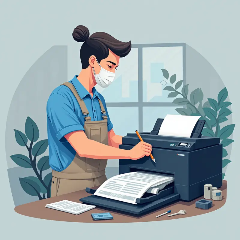 Kỹ thuật viên đang đổ mực vào hộp mực máy in đúng cách trong một môi trường văn phòng.