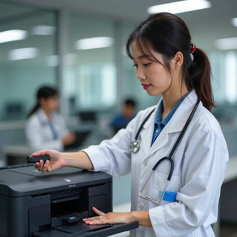 Chuyên gia kiểm tra chất lượng bản in trên máy in văn phòng hiện đại.