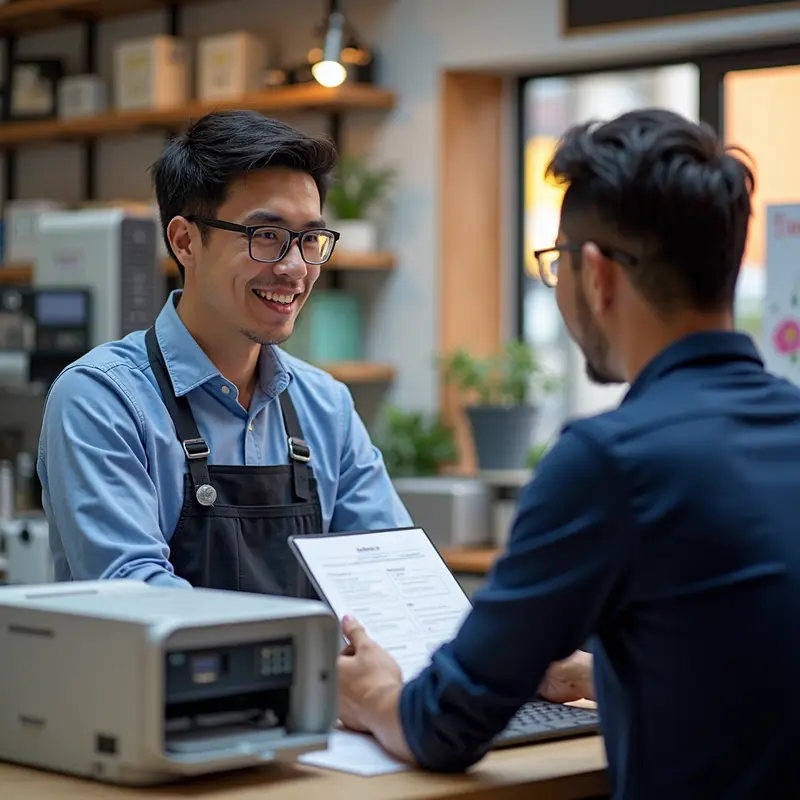 Kỹ thuật viên giới thiệu lợi ích của dịch vụ thay mực tận nơi tại cửa hàng nhỏ.