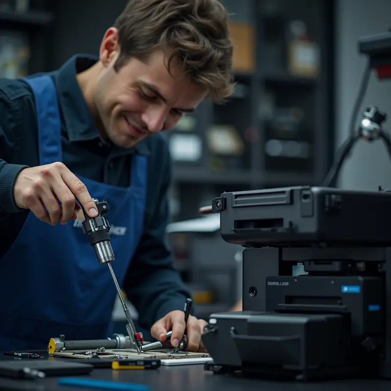 Kỹ thuật viên đang đổ mực vào cartridge máy in tại văn phòng gia đình.