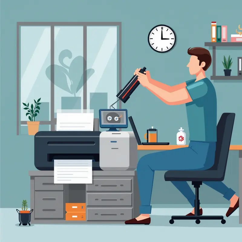 Kỹ thuật viên đang bơm mực tại một cửa hàng nhỏ, giúp tiết kiệm thời gian và chi phí.