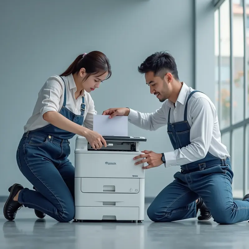 Kỹ thuật viên đổ mực vào hộp mực máy in tại nhà khách hàng.