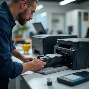 Kỹ thuật viên kinh nghiệm đang nạp mực vào hộp mực máy in laser tại văn phòng, có công cụ như phễu, chai mực, vải lau sạch.