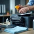 Technician refilling a monochrome printer cartridge with toner in an office, including tools and supplies visible in the scene.