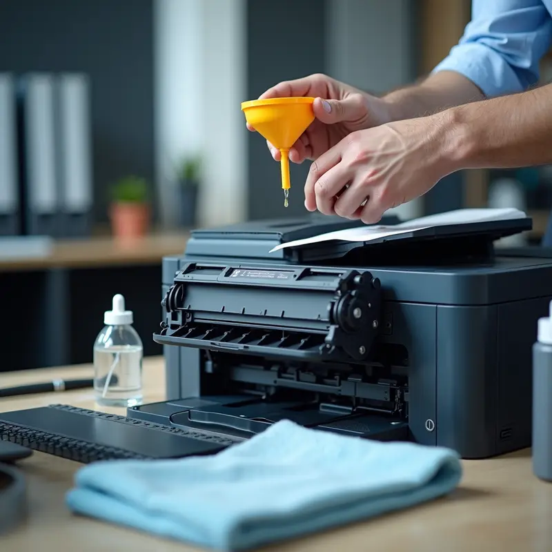 Technician refilling a monochrome printer cartridge with toner in an office, including tools and supplies visible in the scene.