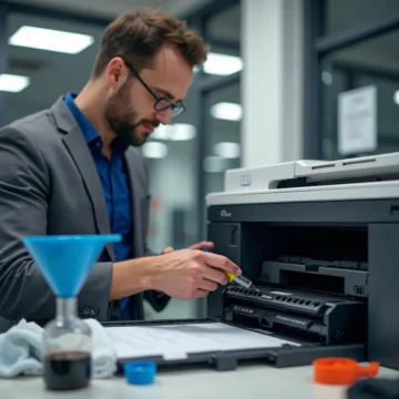 Technician refilling a monochrome printer cartridge with toner, with tools visible in an office.