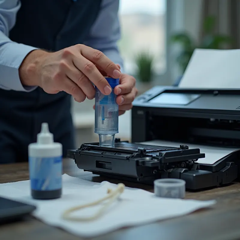 An experienced technician refilling toner into a printer cartridge with precision at an office desk, showcasing tools and cleanliness.