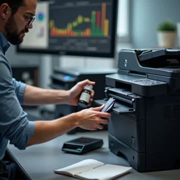 Technician refilling a monochrome printer cartridge with toner in an office setting, including tools and supplies visible in the scene.