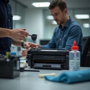 An experienced technician refilling a monochrome laser printer cartridge with toner at a well-organized office station, using tools like a funnel and toner bottle.