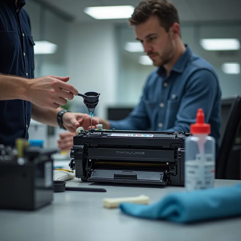 An experienced technician refilling a monochrome laser printer cartridge with toner at a well-organized office station, using tools like a funnel and toner bottle.