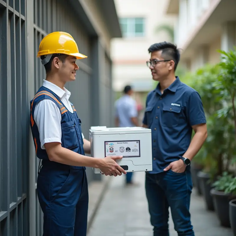 Nhân viên kỹ thuật giao hàng tận nơi với các hộp mực in.
