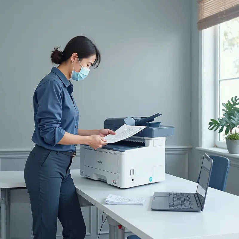 Kỹ thuật viên đang thao tác đổ mực máy in tại văn phòng.