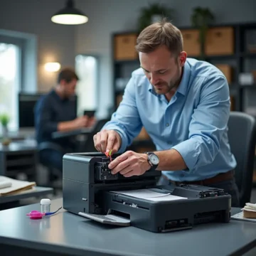 Hình ảnh kỹ thuật viên đổ mực vào cartridge máy in laser trong văn phòng, với các dụng cụ hỗ trợ trong tầm nhìn.