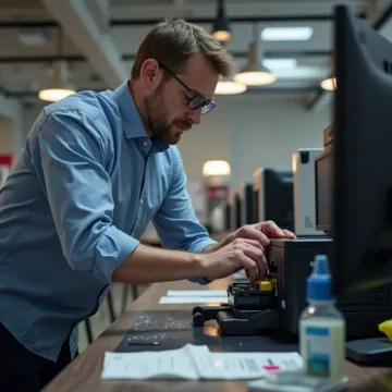 An experienced technician carefully refills toner into a laser-printer cartridge, with visible tools and supplies in an office setting.