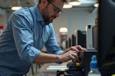 An experienced technician carefully refills toner into a laser-printer cartridge, with visible tools and supplies in an office setting.