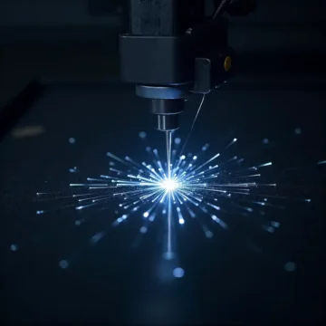Hình ảnh kỹ thuật viên đang đổ mực vào hộp mực máy in laser trong văn phòng cùng các dụng cụ và nguồn cung cấp mực được thấy rõ.
