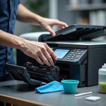 Kỹ thuật viên đang đổ mực vào hộp mực máy in laser với các công cụ và vật liệu tại văn phòng.