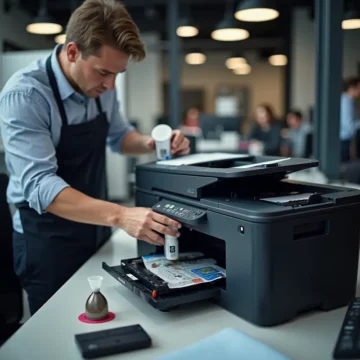 Kỹ thuật viên đang tái đổ mực cho cartridge máy in laser trong văn phòng, có các công cụ và vật liệu sẵn sàng.