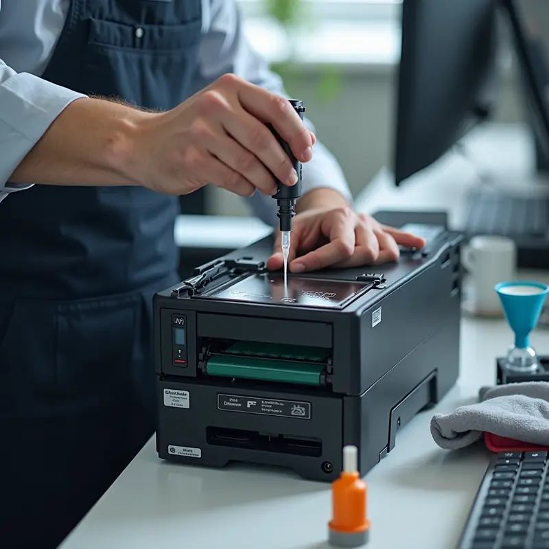 Kỹ thuật viên đổ mực vào hộp mực máy in trong văn phòng, có các dụng cụ và vật dụng xung quanh.
