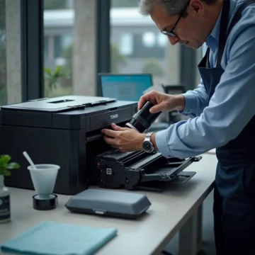 Kỹ thuật viên đang nạp mực cho hộp mực máy in laser tại văn phòng gọn gàng.