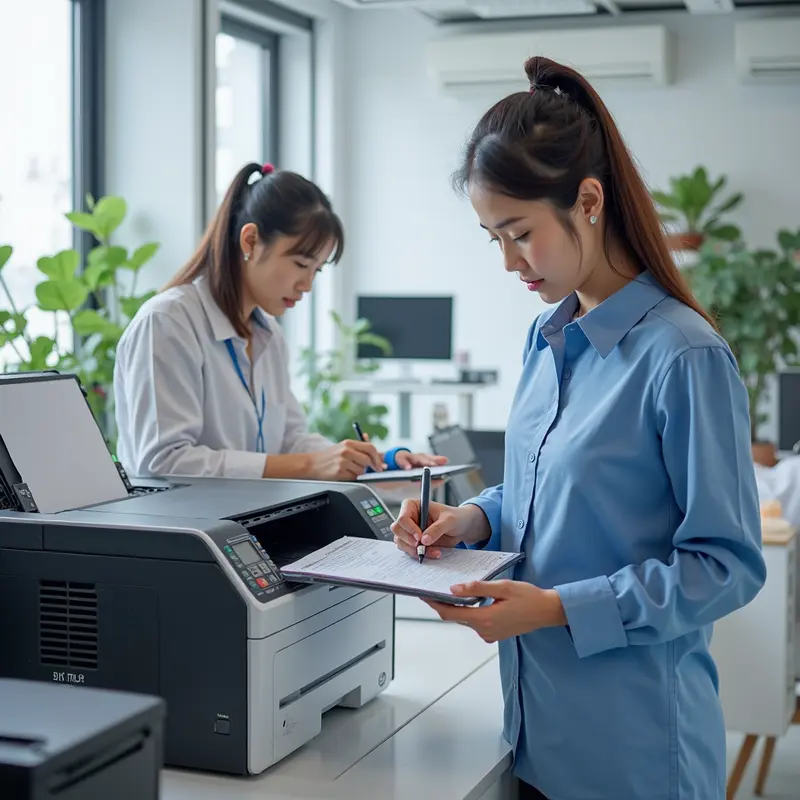 Nhân viên kỹ thuật thay mực máy in tại văn phòng.