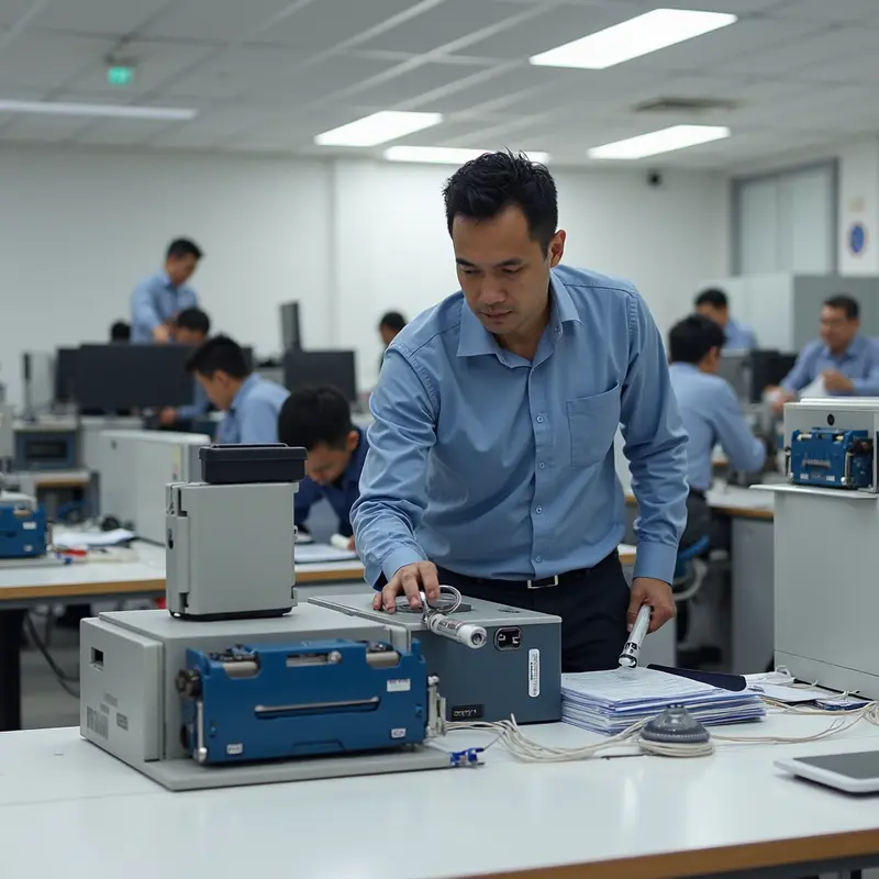 Phụ nữ sử dụng máy in với hộp mực mới tại bàn làm việc.