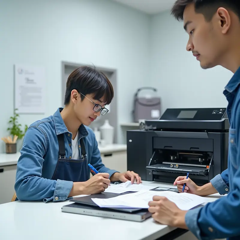 Kỹ thuật viên đang thay mực máy in tại gia đình, giúp tiết kiệm thời gian và chi phí.