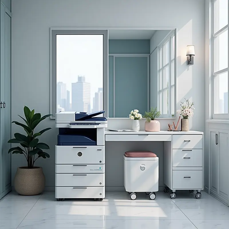 Kỹ thuật viên bơm mực máy in cho gia đình tại phòng làm việc.