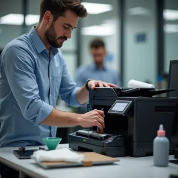 Technician refilling a monochrome printer cartridge with toner in an office setting, including tools and supplies visible.