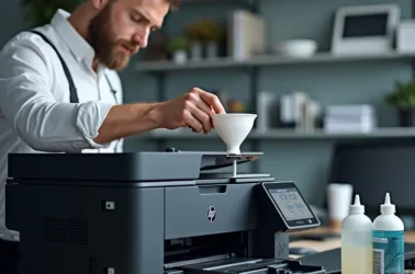 Kỹ thuật viên đang thay mực vào hộp mực laser ở văn phòng với các dụng cụ hiện diện.