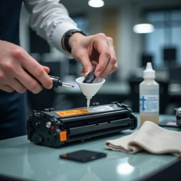 Thợ kỹ thuật đang bơm mực vào hộp mực máy in laser trong một văn phòng, với các dụng cụ và vật tư rõ ràng.