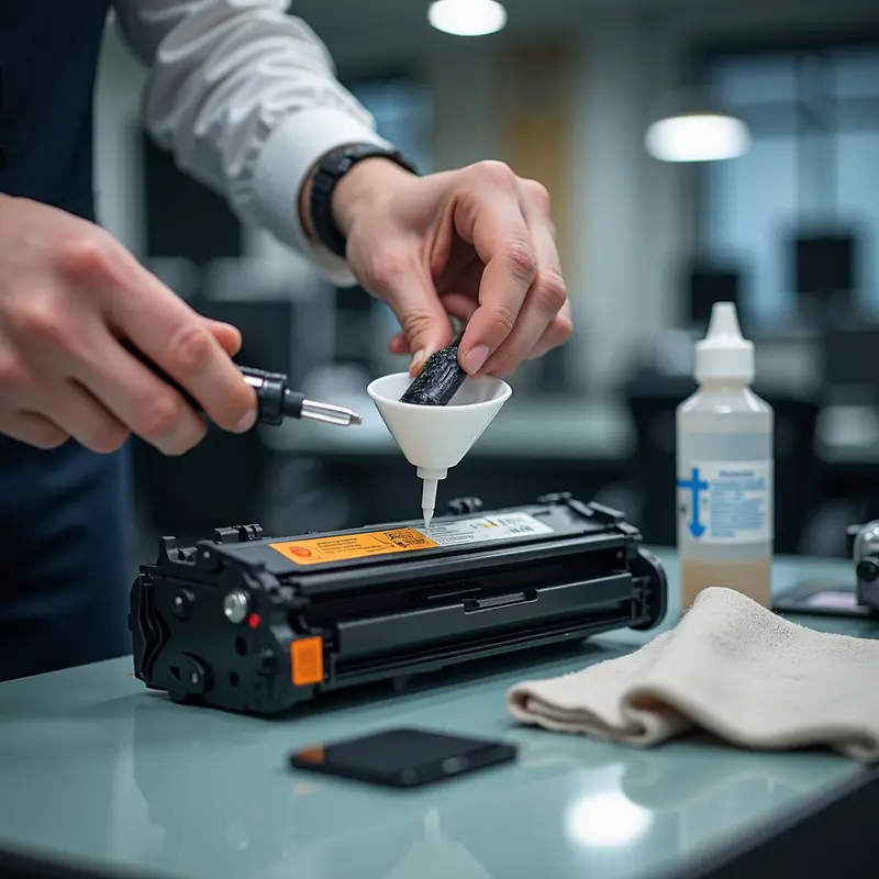 Thợ kỹ thuật đang bơm mực vào hộp mực máy in laser trong một văn phòng, với các dụng cụ và vật tư rõ ràng.